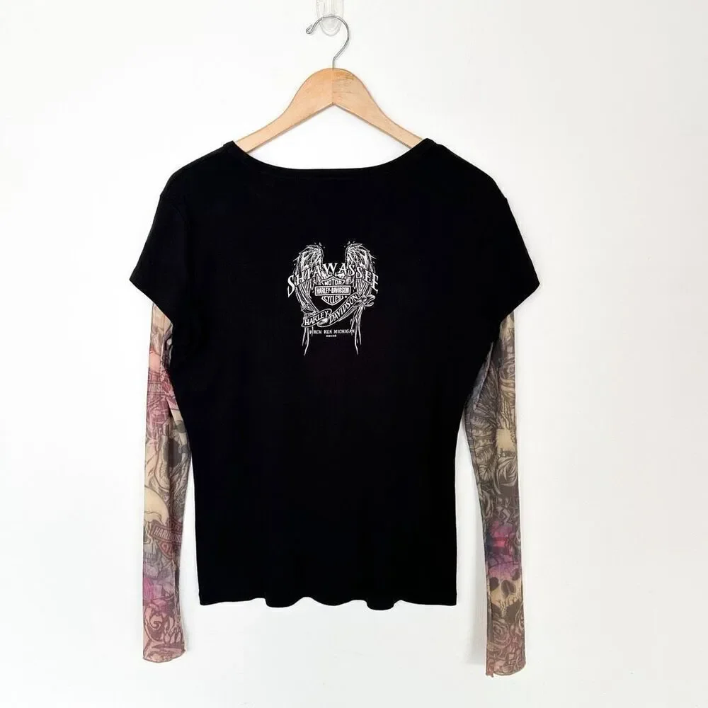 Harley Davidson Women’s 2014 Shiawassee Birch Run, MI Semi Sheer Tattoo Sleeve L - Picture 2 of 8